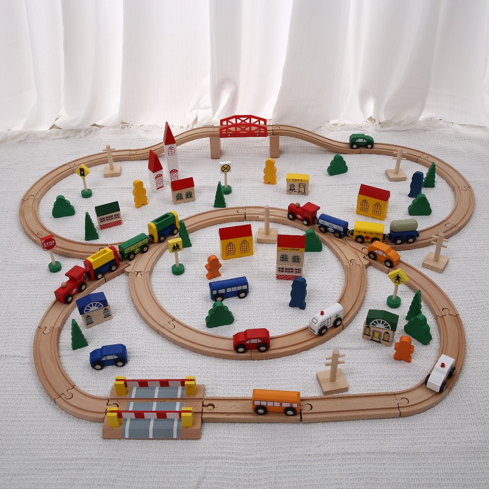 Toy Train Track Set - Wooden train set with track sliding